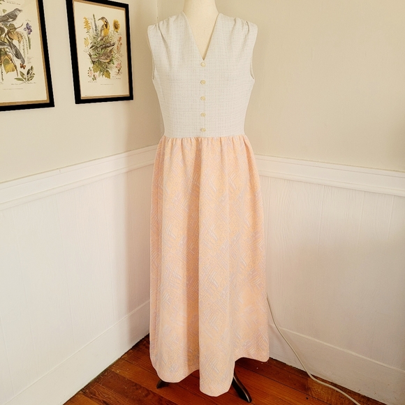 Vintage 60s Peach Silver Shimmer Sparkle Sleeveless Maxi Dress Size Large - Picture 2 of 14